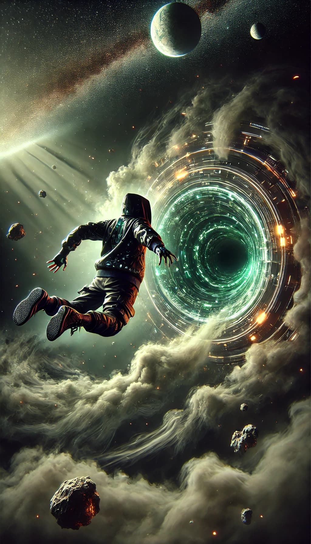Hacker falling into a space portal